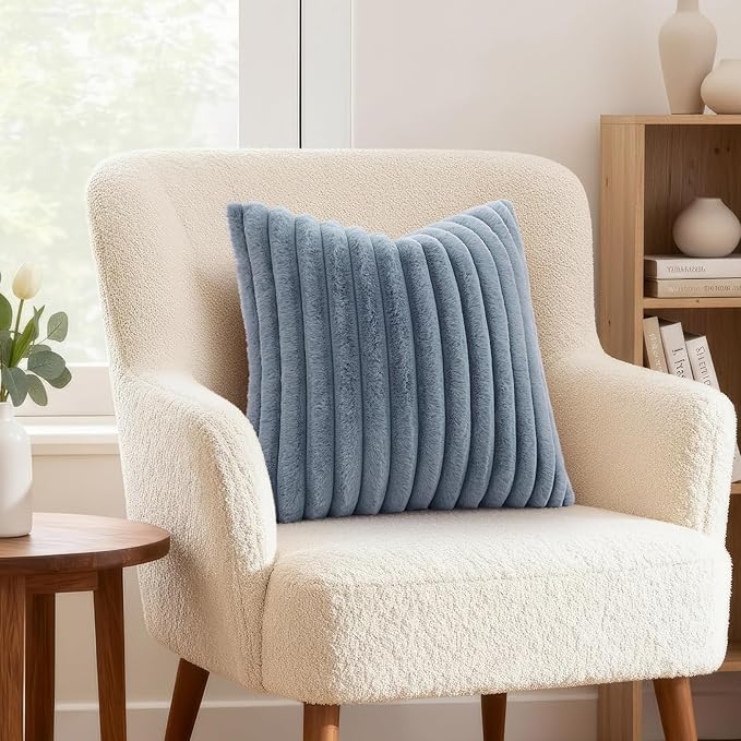 decorUhome Fall Cozy Faux Fur Throw Pillow Covers 18x18 Set of 2 Decorative Soft Plush Striped Modern Farmhouse Boho Couch Pillow Cases with Velvet Back for Sofa Bed Living Room, Grey Blue