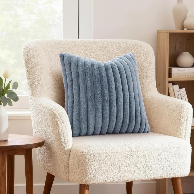 decorUhome Fall Cozy Faux Fur Throw Pillow Covers 22x22 Set of 2 Decorative Soft Plush Striped Modern Farmhouse Boho Couch Euro Sham Pillow Cases with Velvet Back for Sofa Bed Living Room, Grey Blue