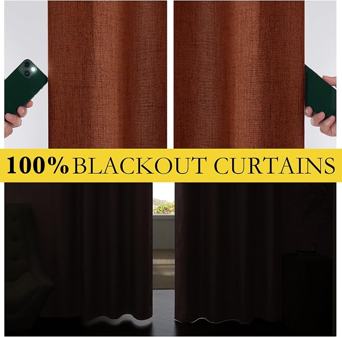 NICETOWN 100% Absolutely Blackout Linen Curtains with Thermal Insulated Liner, 62" Wide, 2 Panels, 72" Long Drapes, Grommet Retro Burnt Orange Linen Curtains Vertical Drapes Privacy for Bedroom