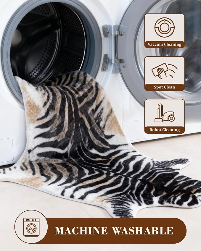 Zebra Print Rug for Living Room, Faux Fur Zebra Hide 5.2x7 Feet Animal Skin Rug for Bedroom Nursery Black and White
