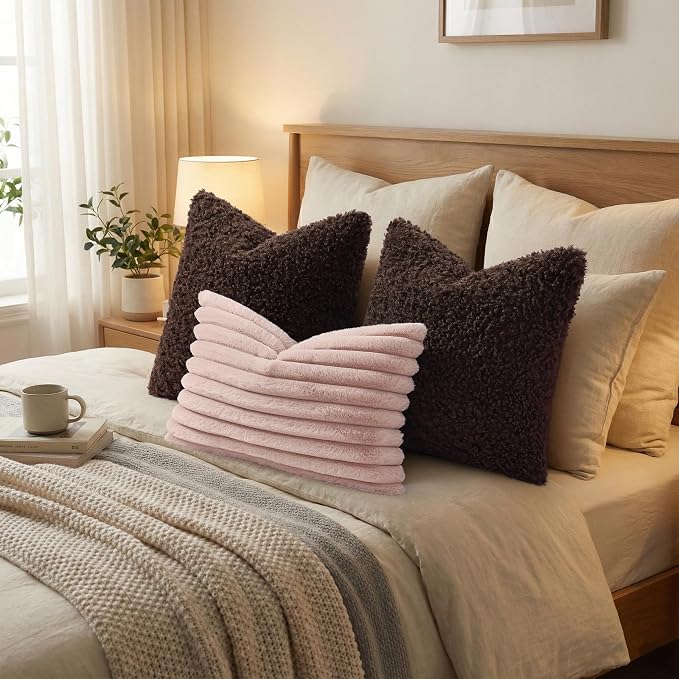 decorUhome Pack of 2 Throw Pillow Covers 12x20 Inch, Faux Fur Decorative Sherpa Pillow Covers Fuzzy Accent Soft Sheepskin Fleece Pillow Cases for Couch Living Room Bed, Chocolate