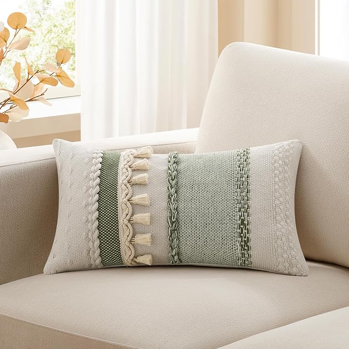 Kevin Textile 14x20 Inch Lumbar Throw Pillow Cover 1 Pack Boho Decorative Cotton Thread Woven Textured Tassel Rustic Farmhouse Rectangle Cushion Cover for Couch Sofa Chair Bed, Green