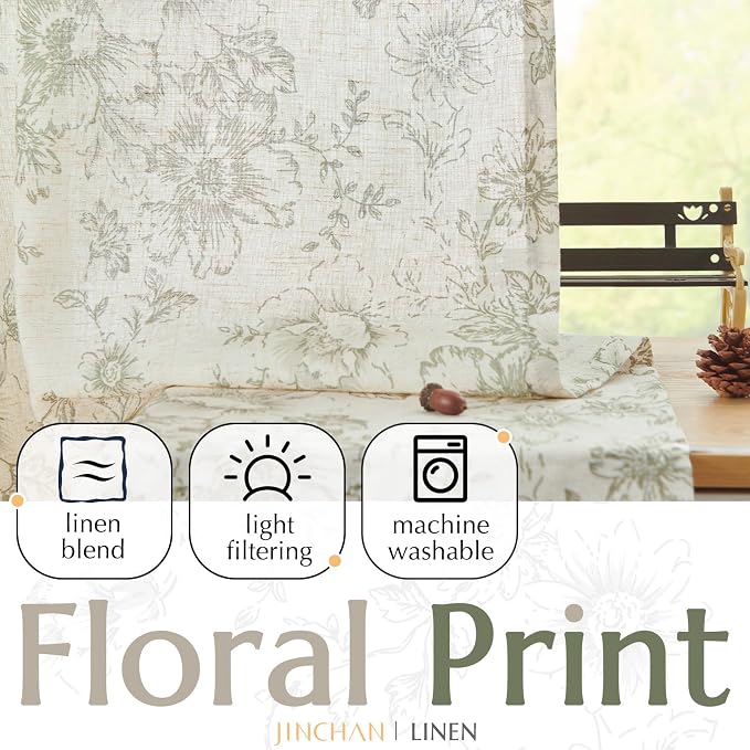 jinchan Linen Floral Curtains 84 Inch Length for Living Room Bedroom Light Filtering Farmhouse Peony Flower Drapes Rustic Window Curtain Set Rod Pocket Back Tab 2 Panels Green