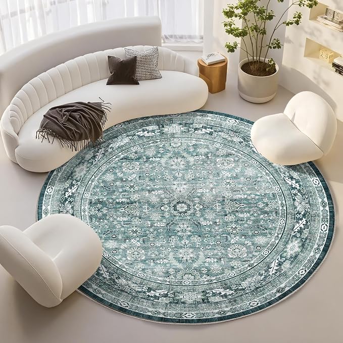 OPPODREAM Vintage Teal Round Rug 6ft, 6 ft Retro Washable Circle Rug Non Slip, Low-Pile Faux Wool Circular Carpet, Distressed Floor Mat for Living Room, Bedroom, Office, Dorm, Dinning Room