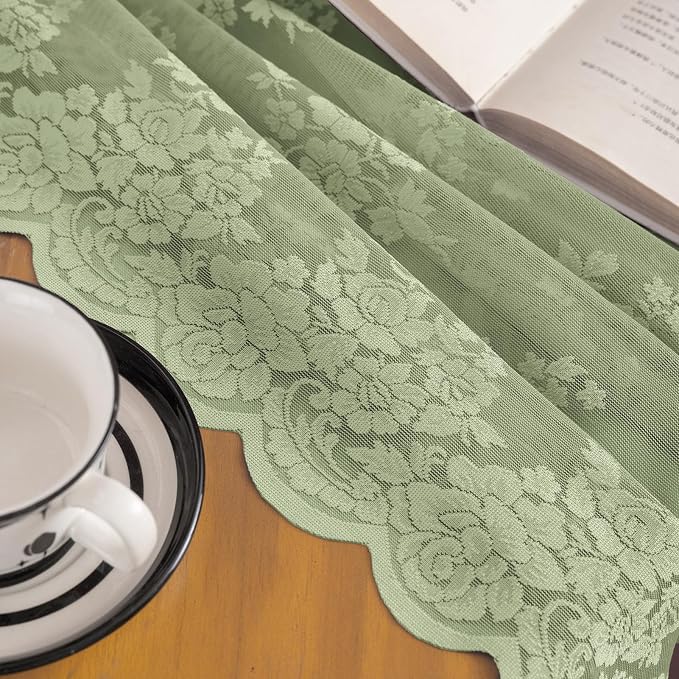 Kotile Sage Green Sheer Curtains 80 Inches Long for Living Room, 2 Panels Country Rustic Floral Vintage Green Sheer Lace Curtains, Rod Pocket Privacy Spring Sheer Window Curtain Drapes, 52 x 80 Inch
