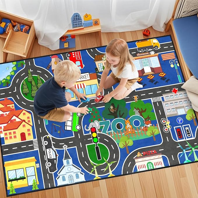 Road Rug for Kids - Car Rug Play Mat for Boys Room, Blue Road Carpet Playmat Fun Race Track Car Carpet for Kids Bedroom Playroom Home Decor Floor Mat, 4.5x6 Feet