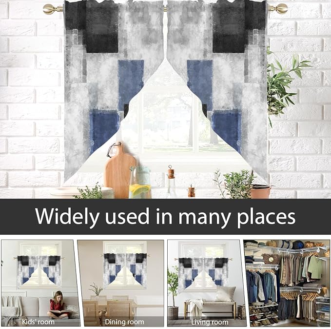 AAtter Black Blue Kitchen Valance Curtain for Window Abstract Gray Grey Mens Goth Geometric Small Short Swag Topper Bathroom Living Room Bedroom Rod Pocket Drapes Fabric 1 Pair, 28" W x 36" L, Modern