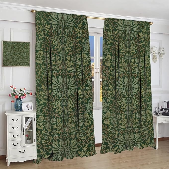 Bohemia Art Blackout Window Curtains, William Morris Original Design Green Garden Vintage Curtains, for Living Room Bedroom 31.5(W)*72(L) 2 Panels
