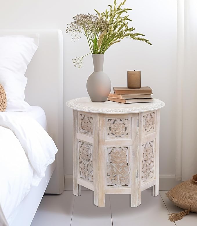 COTTON CRAFT Solid Wood End Table - Hand Carved Vintage Boho Folding Accent Side Table - Small Spaces - Entryway Farmhouse Living Room Bedside - No Tools Assembly - 18x18 Round - White Wash