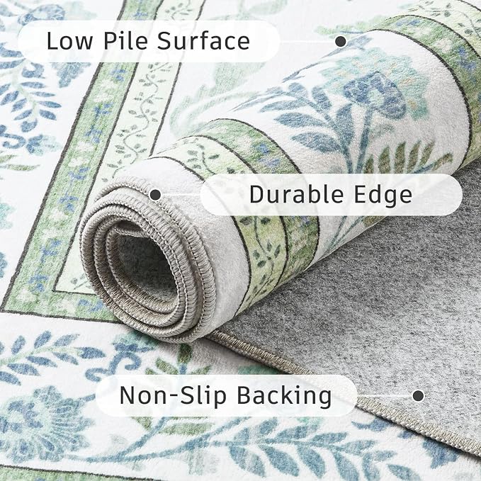 DCX Green and Blue Floral 2x8 Runner Rug, Machine Washable with Non Slip Vintage Backing Hallway Runner Rug Carpet for Nursery Soft Low Pile Stain Resistant, Kitchen, Bathroom