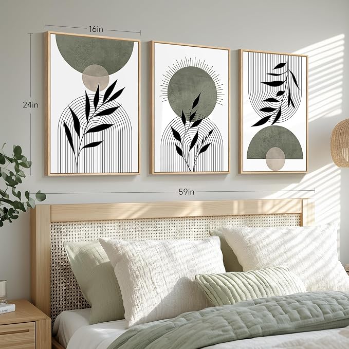 Framed Boho Sage Green Wall Art for Living Room, 3 Piece Large Abstract Botanical Canvas Artwork Decor, Beige White Sun Moon Geometric Leaf Painting Prints for Bedroom Dining Room Office 16x24 Inch