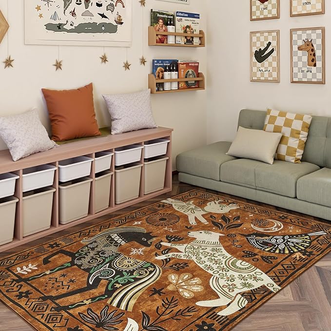 jinchan 5x7 Cute Area Rug Kids Washable Fun Rug Earthy Brown Starlit Boho Indoor Floor Cover Non Slip Lightweight Soft Cozy Animal Throw Carpet for Bedroom Nursery Daycare Living Room Dorm
