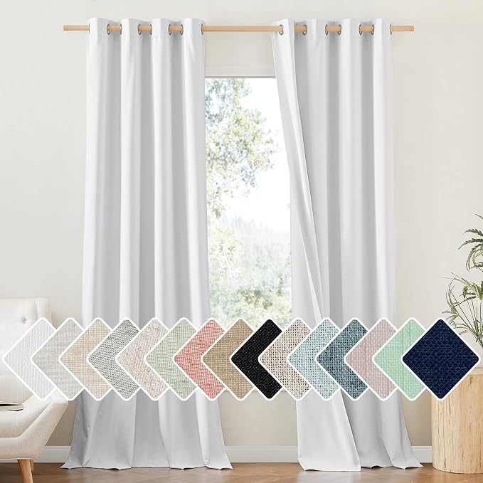 NICETOWN 100% Absolutely Blackout Linen Curtains with Thermal Insulated White Liner, White, 52" Wide, Long Curtains 95" Long 2 Panels Set for Living Room, Thermal Insulated Privacy Drapes for Bedroom