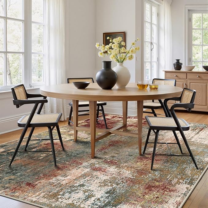 RELEANY Washable Area Rugs 7x10 Non-Slip Modern Abstract Soft for Living Room Entryway Bedroom Kitchen, Print Pattern, Brown Rust Red Green Blue Multi