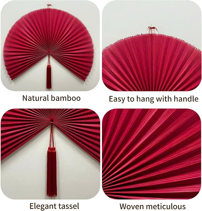 SUCHUBU Handwoven Bamboo Wall Decor, 40" Large Asian Wall Fan for Living Room, Japanese Hanging Art, Rustic Farmhouse Wall Decoration, Sustainable Bamboo Fiber Art (Red, Medium)