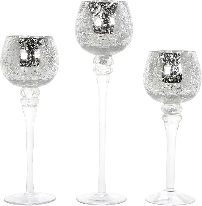 Hosley Set of 3 Crackle Metallic Glass Tealight Holders 12 Inch, 10 Inch, 9 Inch Elegant Home Decor for Ambient Lighting and Stylish Centerpieces and Gift