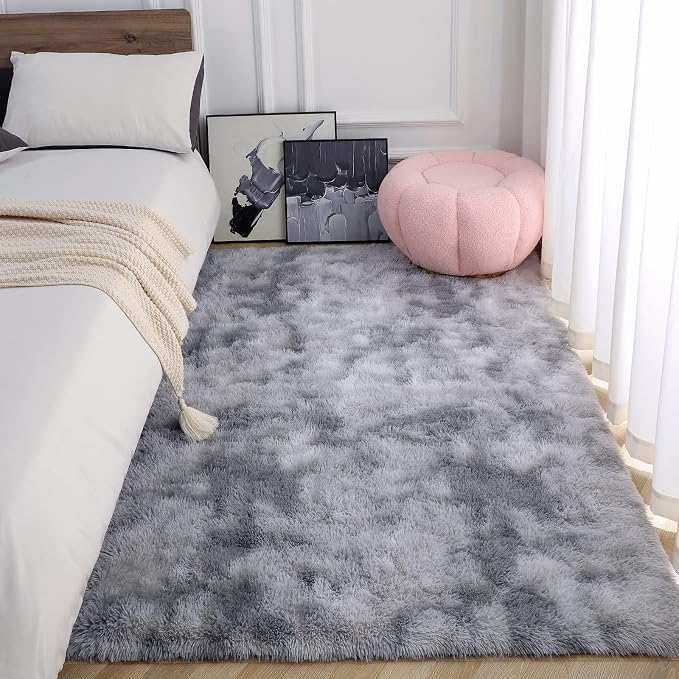 AROGAN Soft Rainbow Area Rugs for Girls Room 4x6 Feet, Fluffy Girls Bedroom Rugs, Princess Rug, Cute Colorful Carpet for Kids Teens Nursery Toddler, Grey