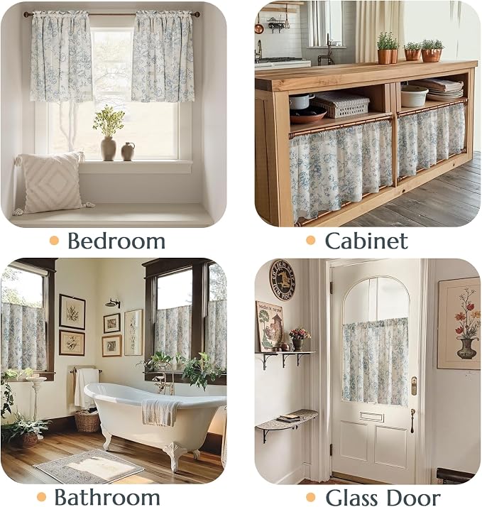 jinchan Floral Linen Tier Curtains Blue Flower on Beige Cafe Curtains 24 Inch Length Kitchen Living Room Bedroom Bathroom Farmhouse Rustic Country Rod Pocket 2 Panels