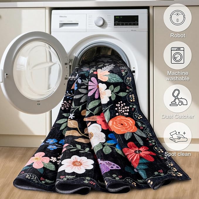 Runner Rug for Entryway: 3x10 Kitchen Rugs Non Slip Washable Ultra-Thin Soft Floral Carpet Indoor Floor Stain Resistant Carpets for Hallway Bedroom Kitchen Laundry Bathroom Dorm Black