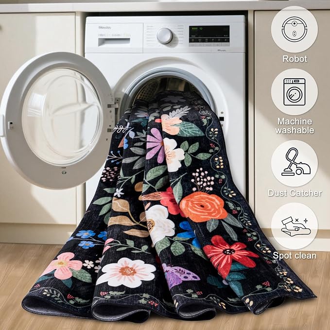 Runner Rug for Entryway: 2.6x8 Kitchen Rugs Non Slip Washable Ultra-Thin Soft Floral Carpet Indoor Floor Stain Resistant Carpets for Hallway Bedroom Kitchen Laundry Bathroom Dorm Black