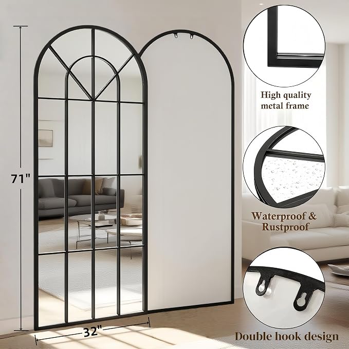Degfig Arched Full Length Mirror with Grids, 71"X32", Arched Window Pane Wall Mirror, Floor Standing Mirrors, Farmhouse Long Full Body Mirrors Wall Mounted for Living Room, Bedroom, Entryway, Black