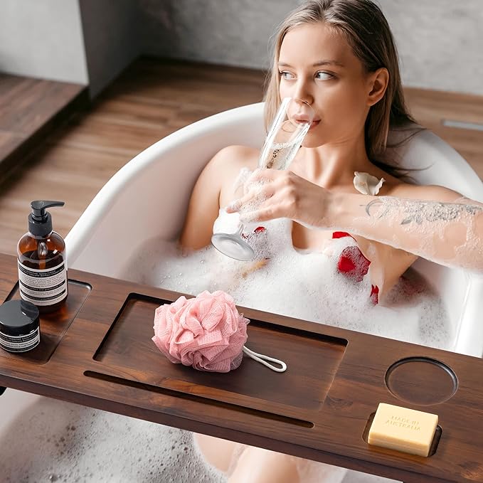 Teak Bathtub Tray for Freestanding Bath, 39" Extra Thick Adjustable Spa Caddy - Non-Slip Anti-Tip Wood Organizer for iPad, Wine & Book - Rich Walnut Brown Finish, Perfect Self-Care Gift