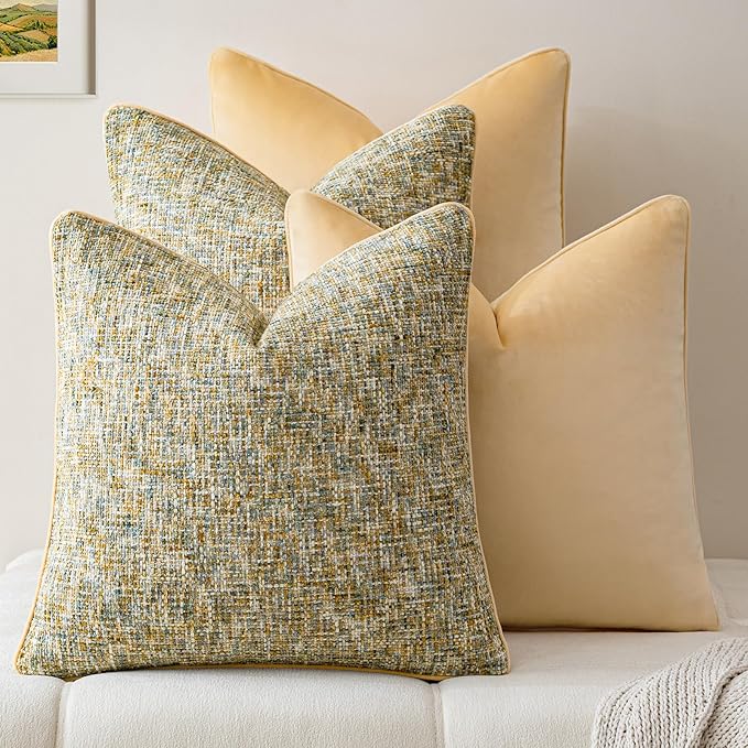 a moment Yellow 4 Pack Throw Pillow Covers - Chenille & Velvet Set with Piping, Farmhouse Textured Design Pillow Cases for Couch Sofa Bed Livingroom (22x22 Inch, No Insert)
