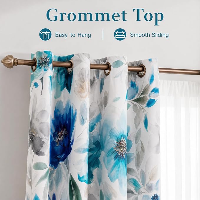Floral 100% Blackout Curtains 84 Inches Long 2 Panels for Bedroom Vintage Blue Watercolour Patterned Room Darkening Curtain Thermal Insulated Black Out Window Drapes for Living Room, 52x84 inch