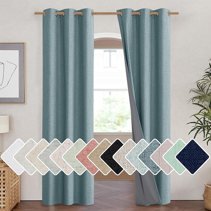 NICETOWN 100% Absolutely Blackout Linen Curtains with Thermal Insulated White Liner, Skylark Blue, 42 inches Wide, 84 inches Length Energy Saving Curtains for Living Room 2 Panels Set, Vertical Blinds