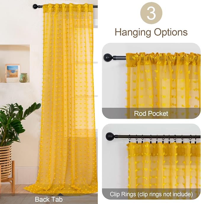 Mustard Yellow Pom Pom Curtains 96 Inches Long for Living Room Bedroom Mid Century Modern Decor Semi Sheer Bohemian Farmhouse Curtains for Dining Room Kids Playroom Back Tab Gold Yellow 96 Inch Length