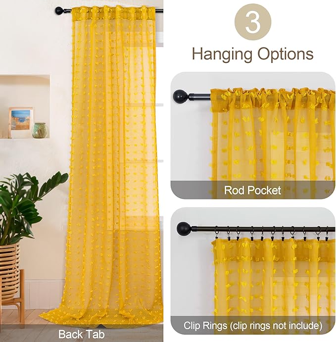Mustard Yellow Sheer Curtains 84 Inch Length 2 Panels for Spring Living Dining Room Bedroom Boho Farmhouse Gold Semi Sheer Pom Poms Tufted Curtain 84 Inches Long for Nursery Girls Kids Room Back Tab