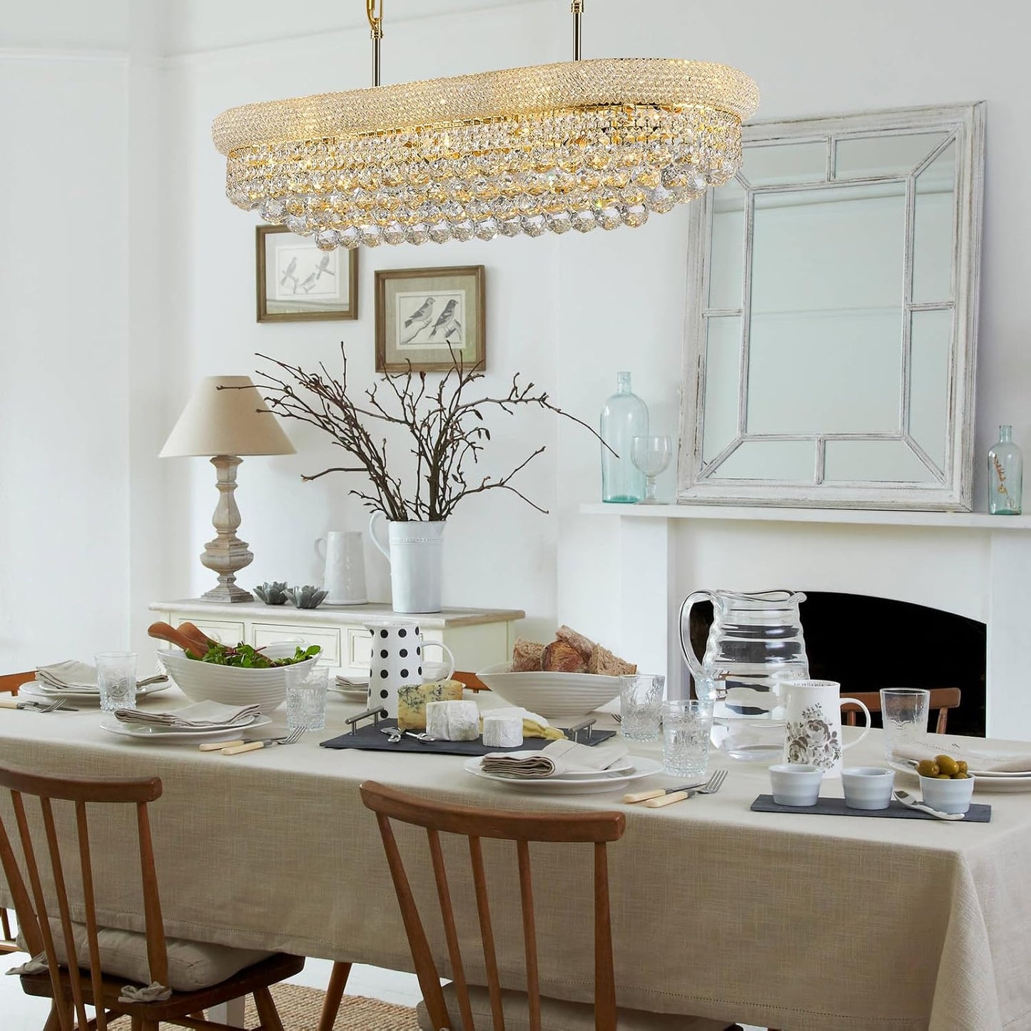 Rectangular Crystal Chandeliers for Dining Room,10 Lights Adjustable Height Oval Crystal Ceiling Light Fixture for Kitchen Island, Gold Finish, L36''