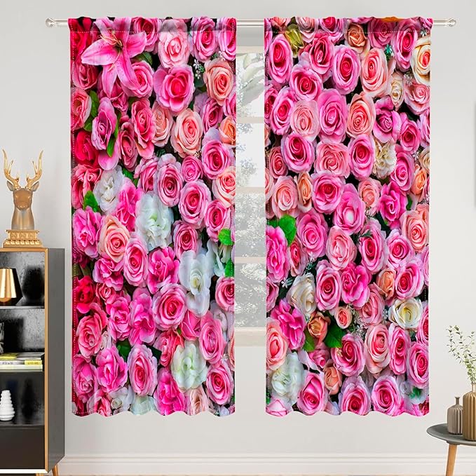 Renaiss 42 x 63 Inch Rustic Farmhouse Rose Flower Kitchen Curtains Purple Floral Small Short Cafe Window Curtain Linen Country Bathroom Drapes Treatment Tier Rod Pocket Curtains 2 Panels 2 Panels