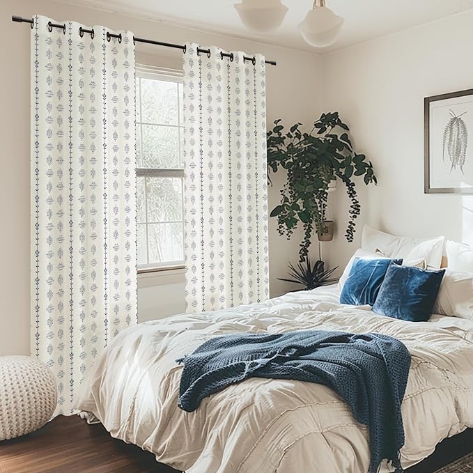 Navy Blue Striped Floral Curtains, Coastal Boho Farmhouse Linen Patterned Sheer Masculine Drapes for Living Room Bedroom, 96 Inches Long 2 Panel Set