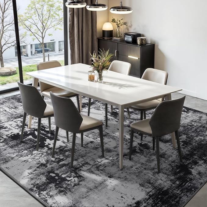 Rugflix 6x9 Area Rugs for Living Room, Washable Large Rug Stain-Resistant Low Pile, Modern Dark Carpet for Dining Room Home Office Kid Room Nursery Bedroom, Black Grey