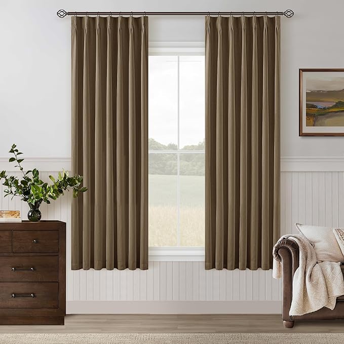 Dutch Cocoa Pinch Pleated Linen Blackout Curtains 2 Panels for Living Room Bedroom Thermal Insulated 100% Black Out Linen Drapes with Liner Room Darkening Window Curtains 40x63