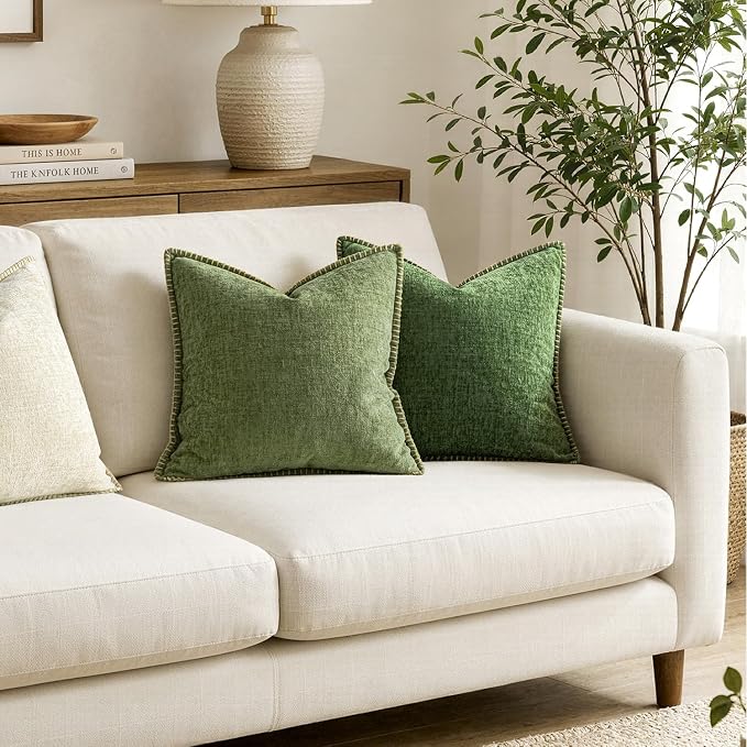 MIULEE Pack of 2 Couch Throw Pillow Covers 16x16 Inch Sage Green Farmhouse Decorative Pillow Covers with Stitched Edge Soft Chenille Solid Dyed Summer Pillow Covers for Sofa Bed Living Room
