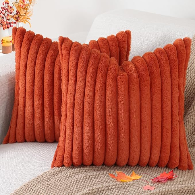 Pallene Faux Fur Plush Fall Throw Pillow Covers 26x26 Set of 2, Luxury Soft Fluffy Striped Decorative Pillow Covers for Sofa, Couch, Living Room, Rust
