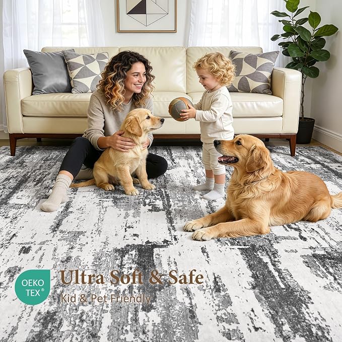 Area Rugs 7x9 Living Room: Washable Large Abstract Modern Neutral Soft Rug Stain Resistant Non-Slip Backing Carpet for Bedroom Dining Room Indoor Nursery Dorm Home Office Decor - Black Grey