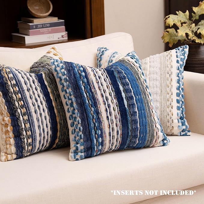 Boho Chenille Tufted Throw Pillow Covers 18x18 Inch Set of 2 Farmhouse Blue Woven Striped Decorative Pillowcases for Couch Sofa Bed