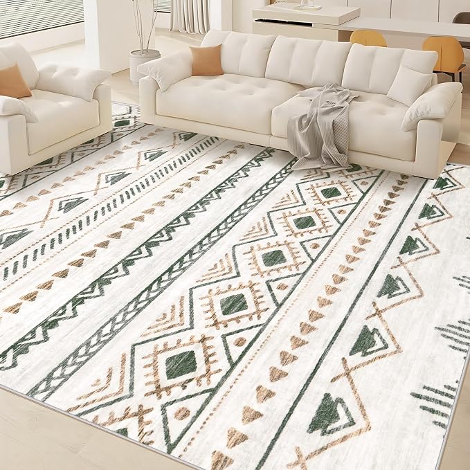 Area Rug for Living Room 9x12: Large Washable Boho Moroccan Rugs Geometric Neutral Rug, Non-Slip Foldable Morden Farmhouse Indoor Floor Carpet for Bedroom Dining Table Home(Brown Green,9'x12')