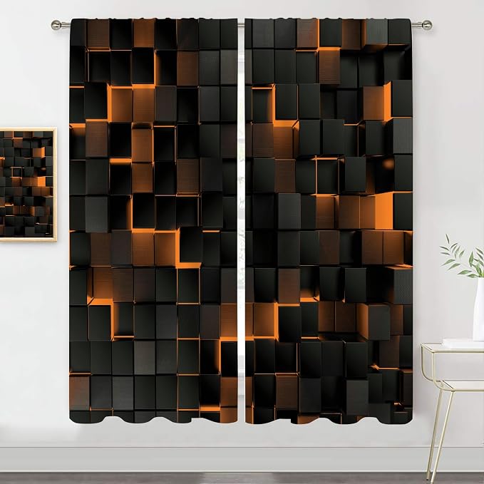 MESHELLY Abstract Black Orange Curtains 42Wx63H Inch Rod Pocket Modern 3D Gradient Design Geometric Cubes Minimalist Bedroom Window Drapes Futuristic Man Boys Printed Living Room Window Treatment