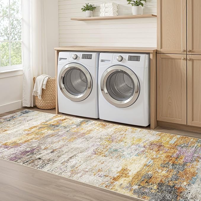 Runner Rug Kitchen Washable Rugs: 3x8 Non-Slip Abstract Soft Modern Stain Resistant Indoor Floor Neutral Accent Throw Carpet for Hallway Bathroom Laundry Room Entryway Bedroom- Gold Colorful