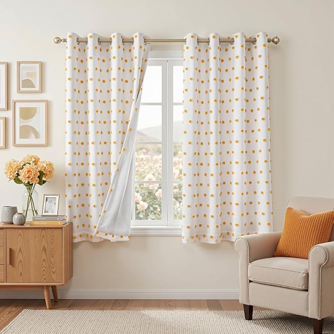 MEETSKY 100% Blackout Curtains for Girls Bedroom 63 Inch Length 2 Panels,Total Light Blocking Yellow White Pom Pom Curtains for Kids Room Darkening Window 2 Layered Drapes, Mustard Yellow, 52W x 63L