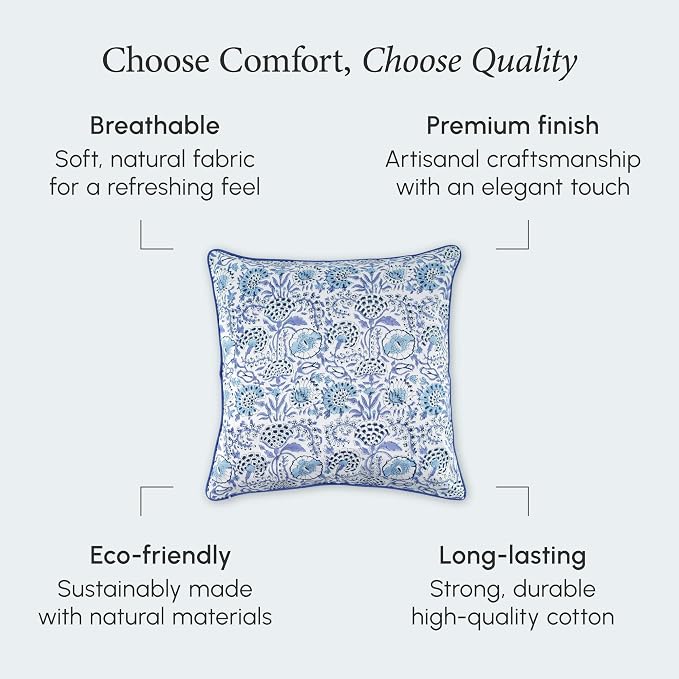 CPC 100% Cotton Throw Pillow Covers 24x24 Inch, Set of 2 Blue Block Print Pattern Couch Pillow, Cute Boho Decorative Pillows for Living Room, Bedroom with Hidden Zipper- Indigo Blue