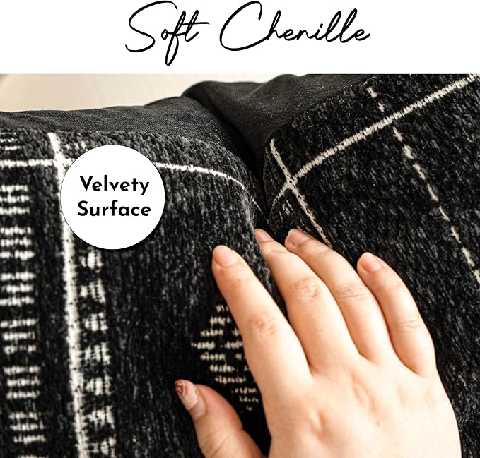 BlissBlush Decorative Throw Pillow Covers 20x20 Set of 2, Boho Textured Chenille Accent Throw Pillow Covers for Couch Sofa Bed Living Room Home Décor, Black (Cover Only)