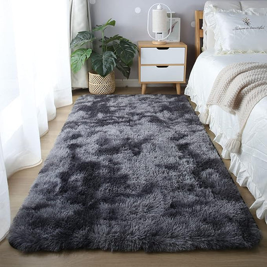 CAIYUECS Shag Area Rug,Indoor Ultra Soft Fluffy Plush Rugs for Bedroom Living Room, Non-Skid Modern Nursery Faux Fur Rugs for Kids Room Home Decor (Tie-Dyed Dark Gray, 3x5 Feet)