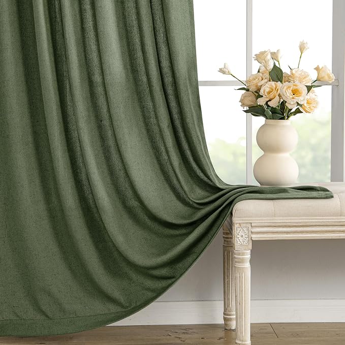 MIULEE Non-See-Through Privacy Linen Curtains 2 Panels, Olive Green Light Filtering Window Curtains Farmhouse Textured Back Tab Semi Sheer Drapes for Bedroom Living Room 84 Inches Long Dark Green