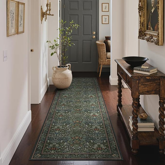 GENIMO 2x6 Washable Runner Rug, Non Slip Hallway Mat, Dark Green | Vintage Floral Stain Resistant Lightweight Low Pile Rug for Entryway, Kitchen, Bedroom and Indoor Decor