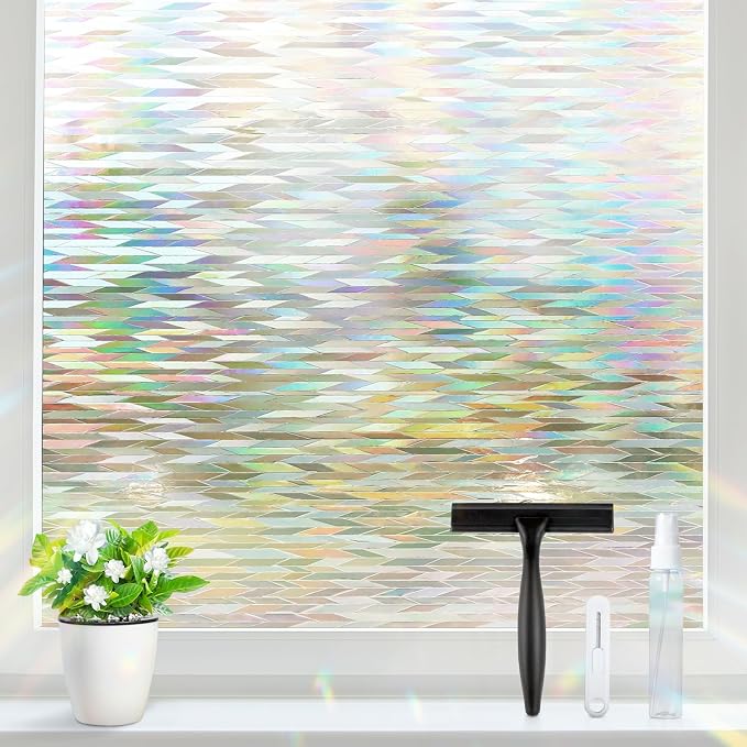 rabbitgoo Window Privacy Film, Stanied Glass Cling with Kit, 35.4" x 118.1" | 3D Rainbow Prism Effect, Static Cling, Sun Blocking Reduce Glare, Easy to Install, Decorative Glass Clings for Home Decor